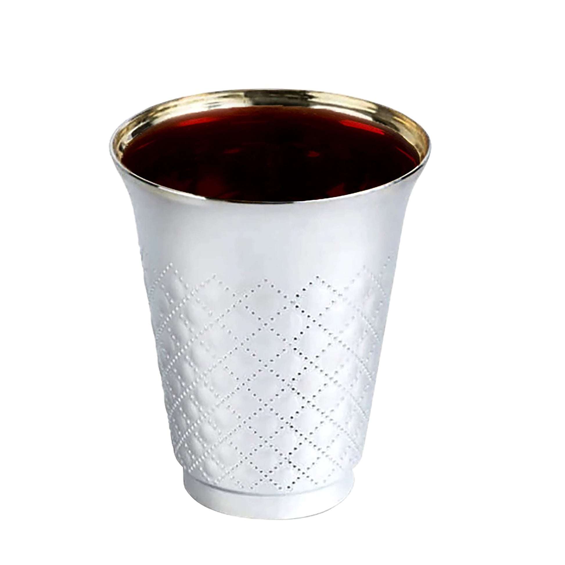 Metallic aluminum-style silver round plastic Kiddush cups, 5-ounce size, perfect for Shabbat, holidays, and special occasions