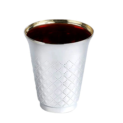 Metallic aluminum-style silver round plastic Kiddush cups, 5-ounce size, perfect for Shabbat, holidays, and special occasions