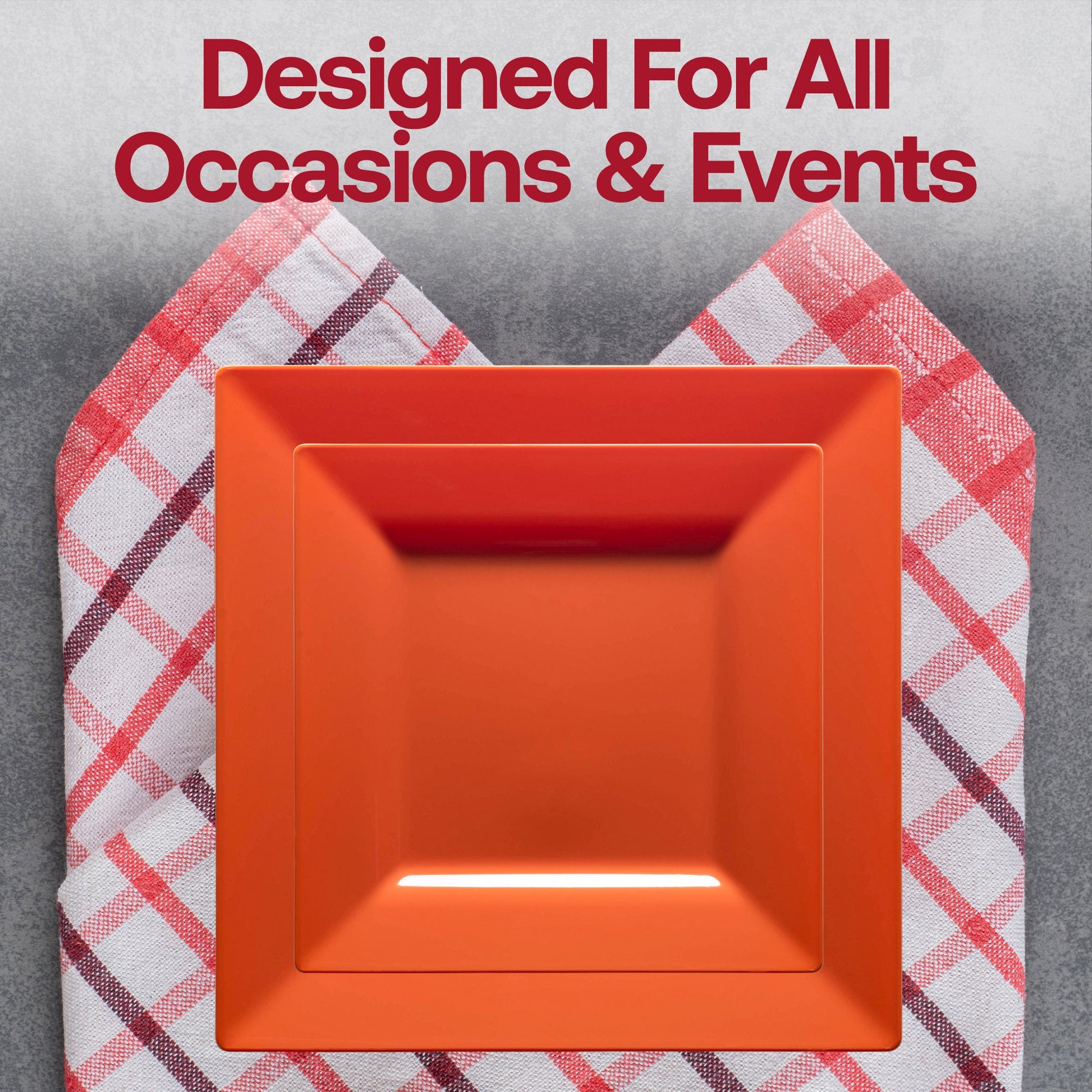 Modern burnt orange 6.5-inch square plastic dessert plates, lightweight and disposable, set of 120