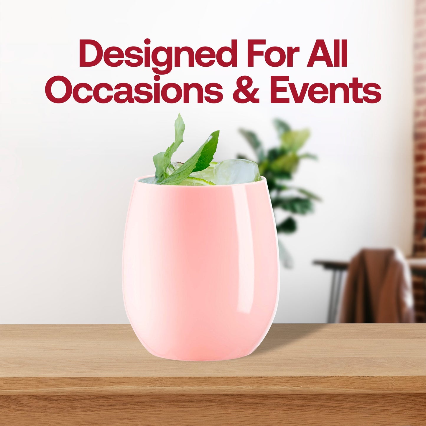 Multi-purpose solid pink plastic wine glasses, stemless and elegant, 12 oz capacity, suitable for wine, cocktails, or juice