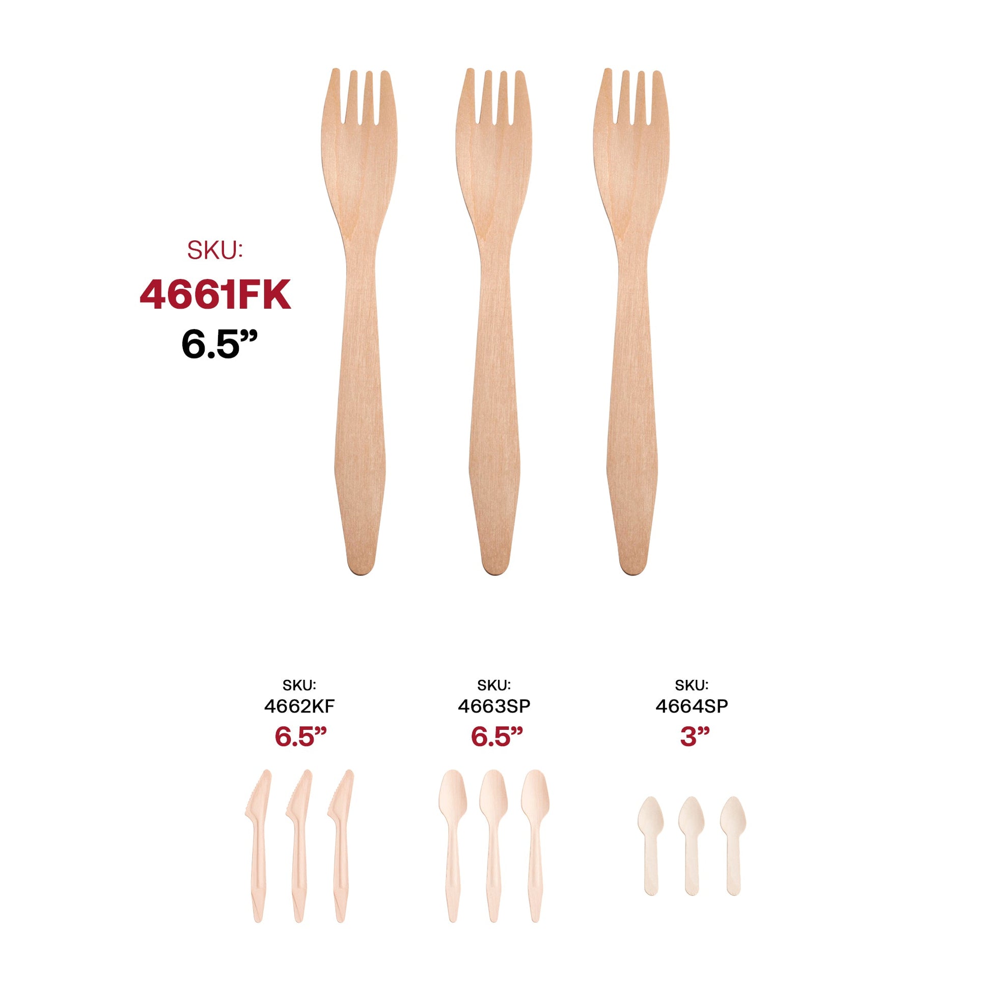 An image displaying Natural Birch Eco-Friendly Disposable Dinner Forks of different sizes made from biodegradable wood and their corresponding SKUs. At the top, there are three large 6.5-inch sporks (SKU: 4661FK). Below, there are smaller compostable sporks: 6.5-inch (SKU: 4662KF), 6.5-inch (SKU: 4663SP).