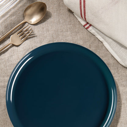 Navy Flat Dinner Plates held steak and vegetables at an elegant evening dinner with deep-toned decor