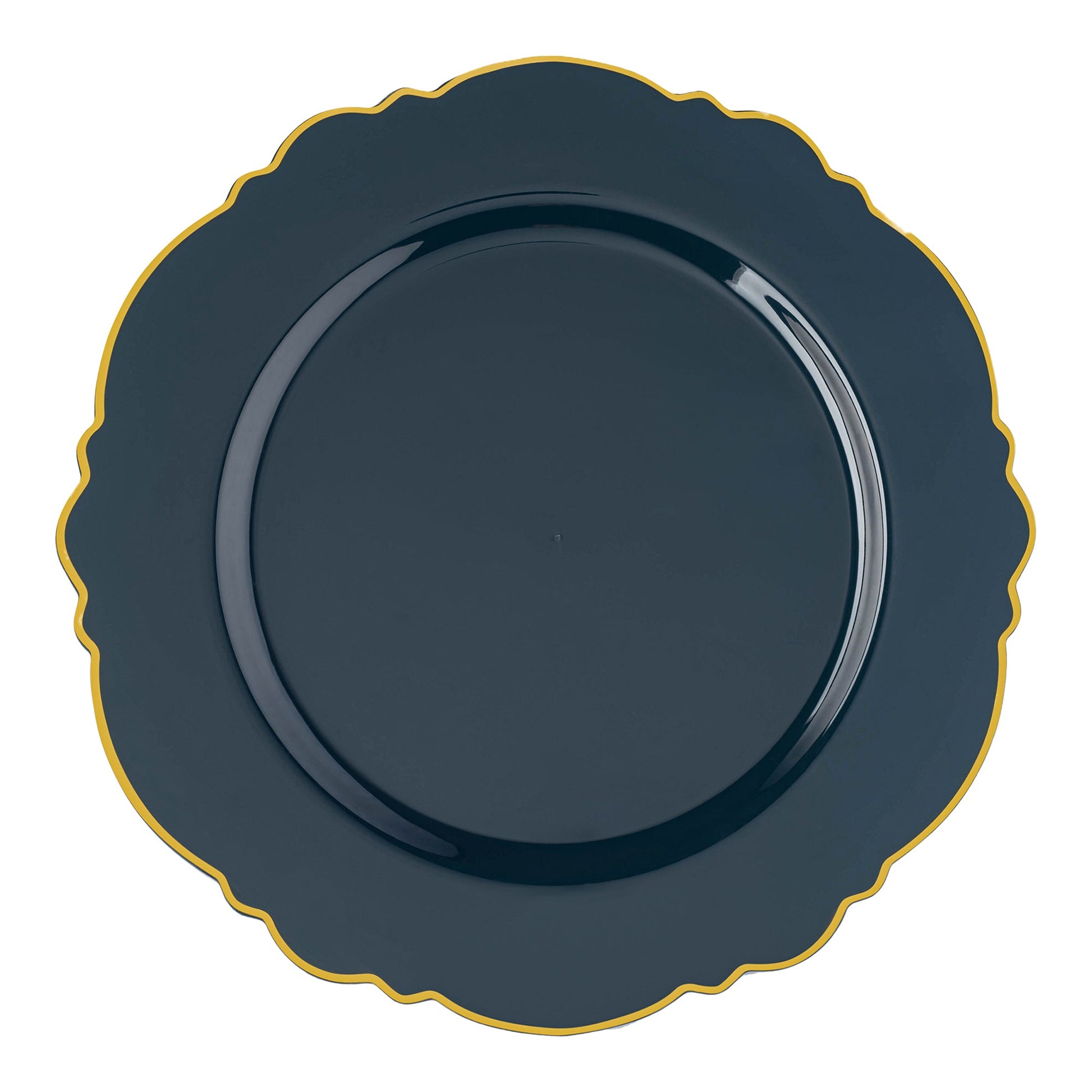 Navy blue round disposable plastic dinner plates with a gold rim and blossom design