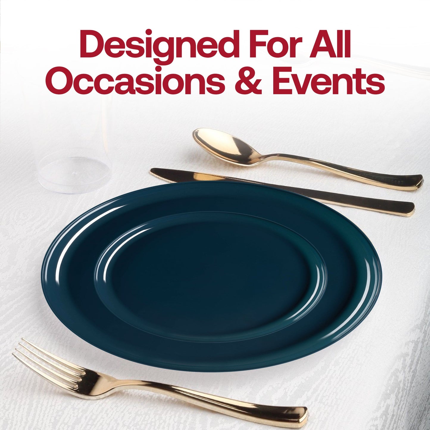 Navy plates on a buffet table, showing versatility for both upscale celebrations and casual affairs