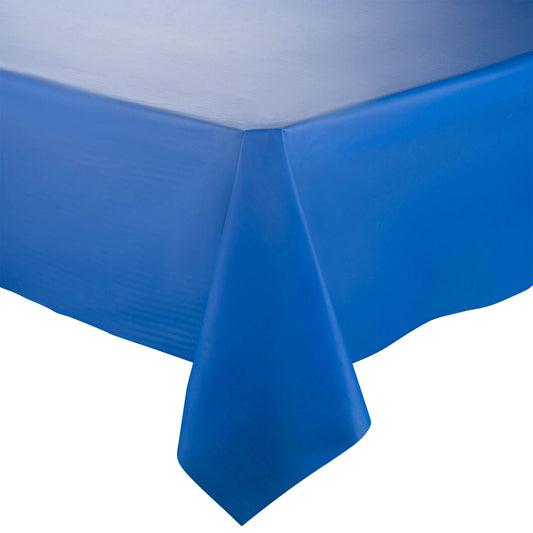 Navy rectangular disposable plastic tablecloth measuring 54 x 108 inches, perfect for parties, events, and gatherings, sold in a 96-pack.
