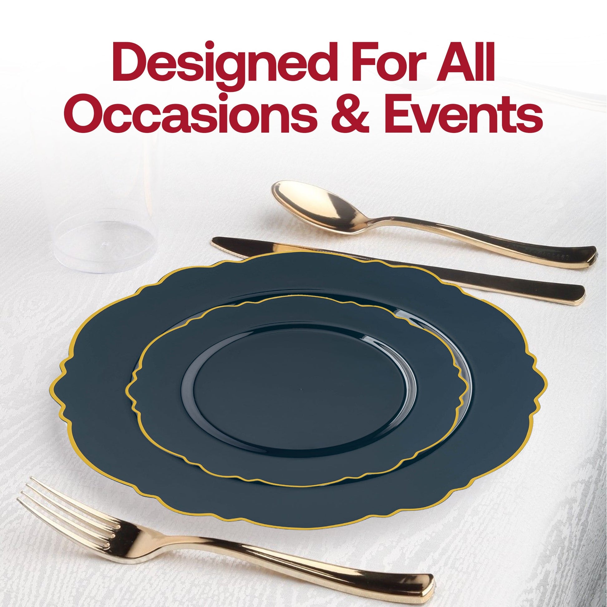 Navy with gold rim disposable salad plates, round design with a blossom pattern, 7.5-inch diameter, set of 120