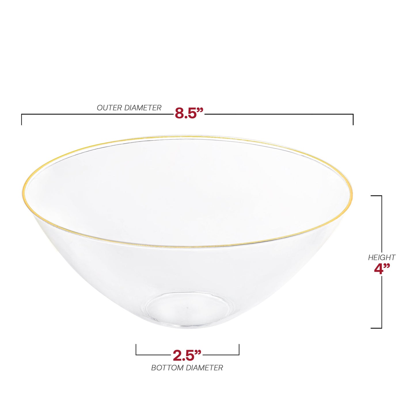 Organic 32 oz clear plastic bowls with a decorative gold rim, round and disposable, perfect for catering