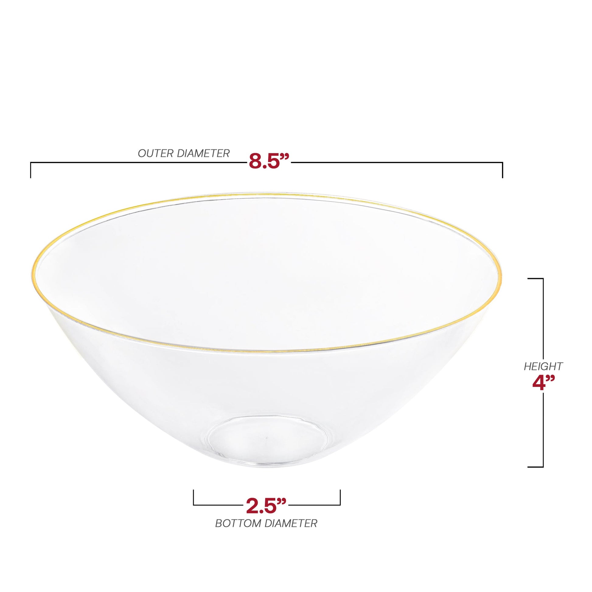Organic 32 oz clear plastic bowls with a decorative gold rim, round and disposable, perfect for catering