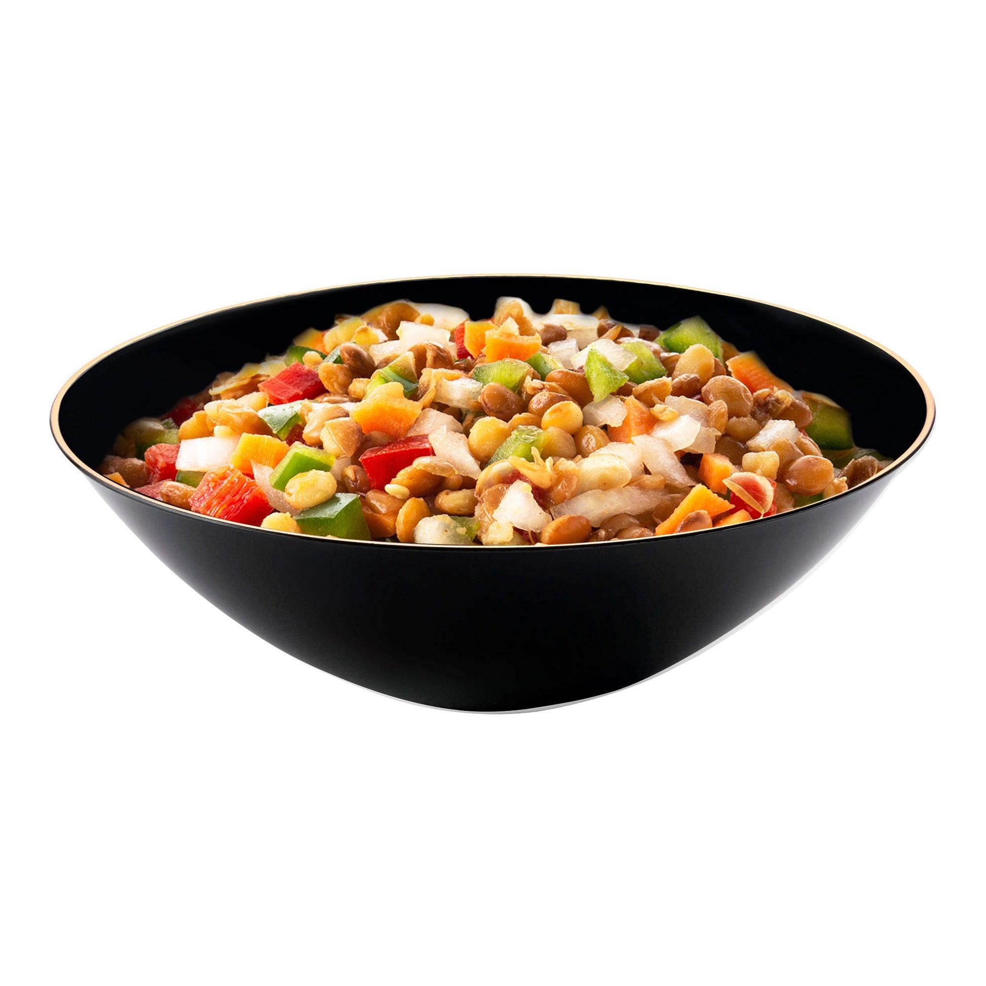 Organic round black plastic soup bowls with gold rim, 16 oz, disposable