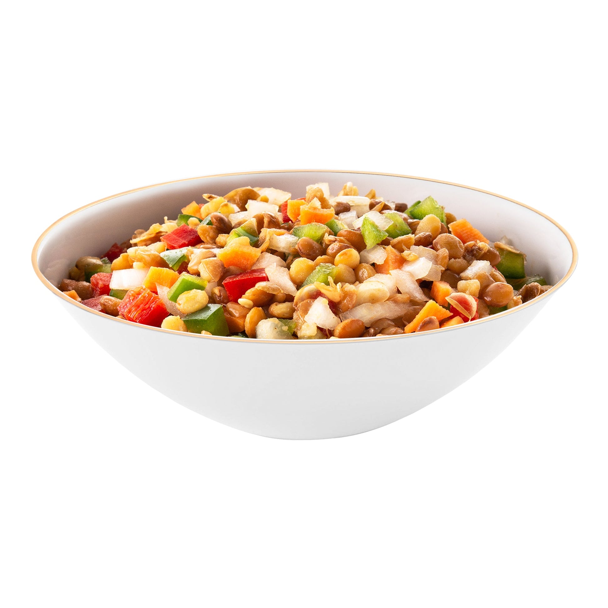 Organic round white plastic soup bowls with gold rim, 16 oz, disposable