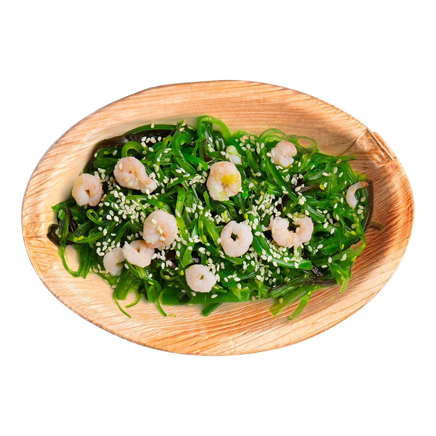 Oval Palm Leaf Bowl displayed with a vibrant shrimp and pimento salad, perfect for stylish eco-friendly party serving