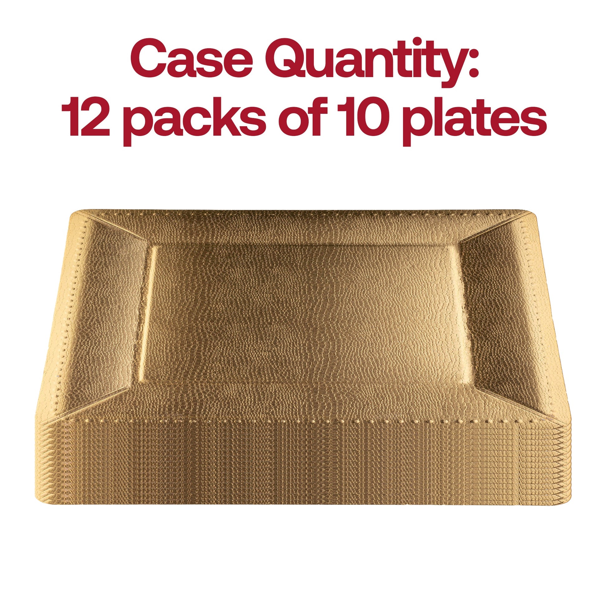 Pack of 120 gold disposable charger plates with square edges and elegant beaded detailing