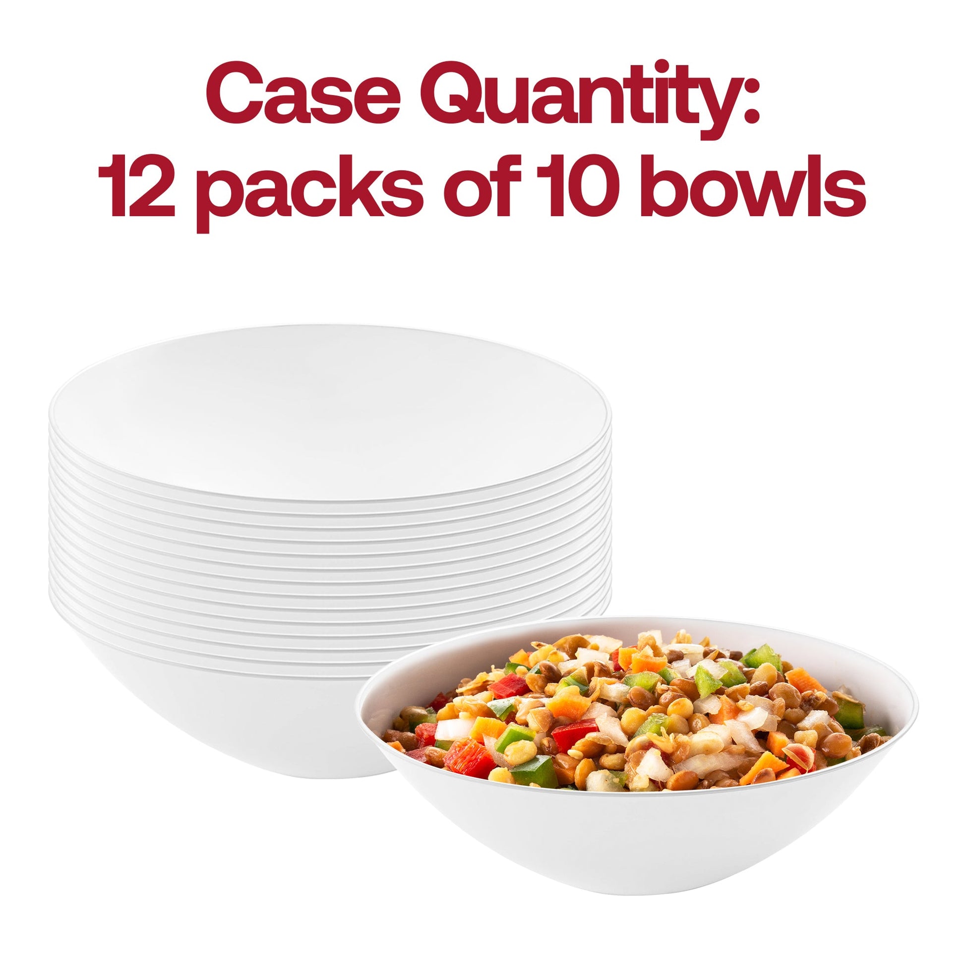 Pack of 120 organic round disposable soup bowls, white plastic with silver rim, 16 oz. capacity