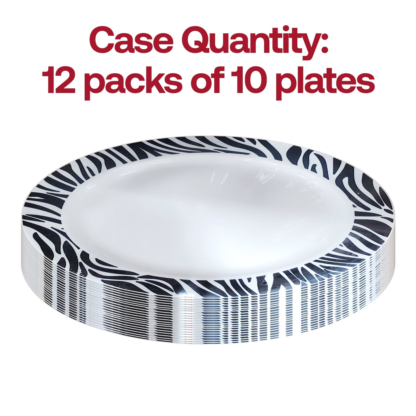 Pack of 120 round white plastic appetizer plates featuring a stylish black zebra pattern, 7.5-inch and disposable