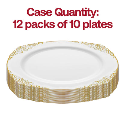 Pack of 120 white dinner plates featuring a fancy gold design, crafted from durable disposable plastic