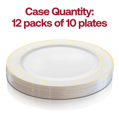Pack of 120 white plastic appetizer plates with decorative gold edge