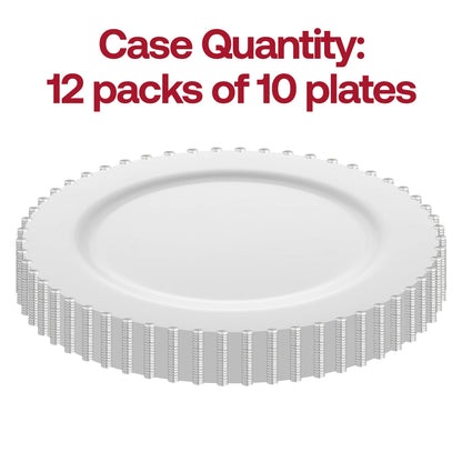 Pack of 120 white plastic dinner plates with a silver pearl string trim, 10-inch diameter