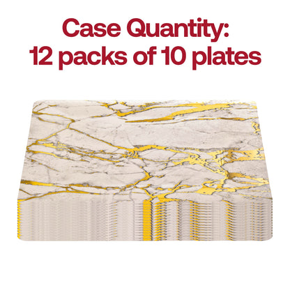 Pack of 120 white square disposable paper charger plates with an elegant gold marble detail