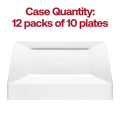 Pack of 120 white square plastic appetizer and salad plates, neatly arranged to emphasize the bulk pack