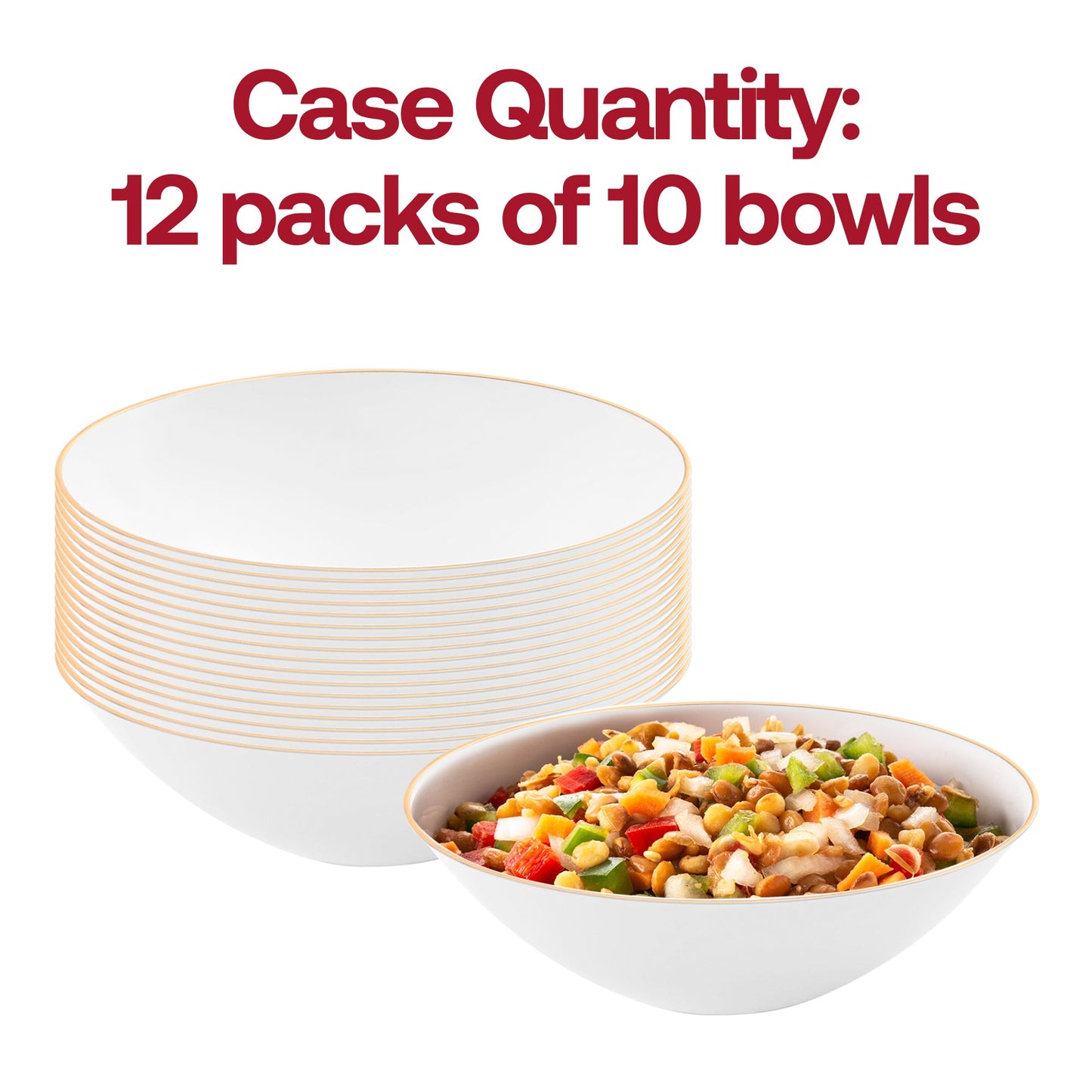 Pack of 120 white with gold rim disposable soup bowls, 16 oz, round design, perfect for events and gatherings