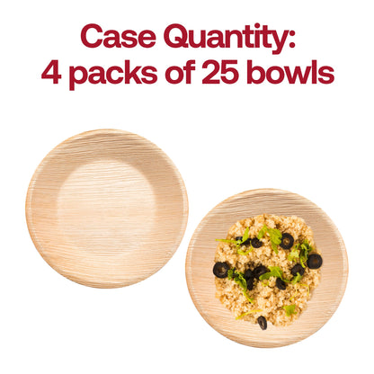 Palm leaf bowl measuring 7 inches in diameter and 1.25 inches in height, with a 13-ounce capacity.