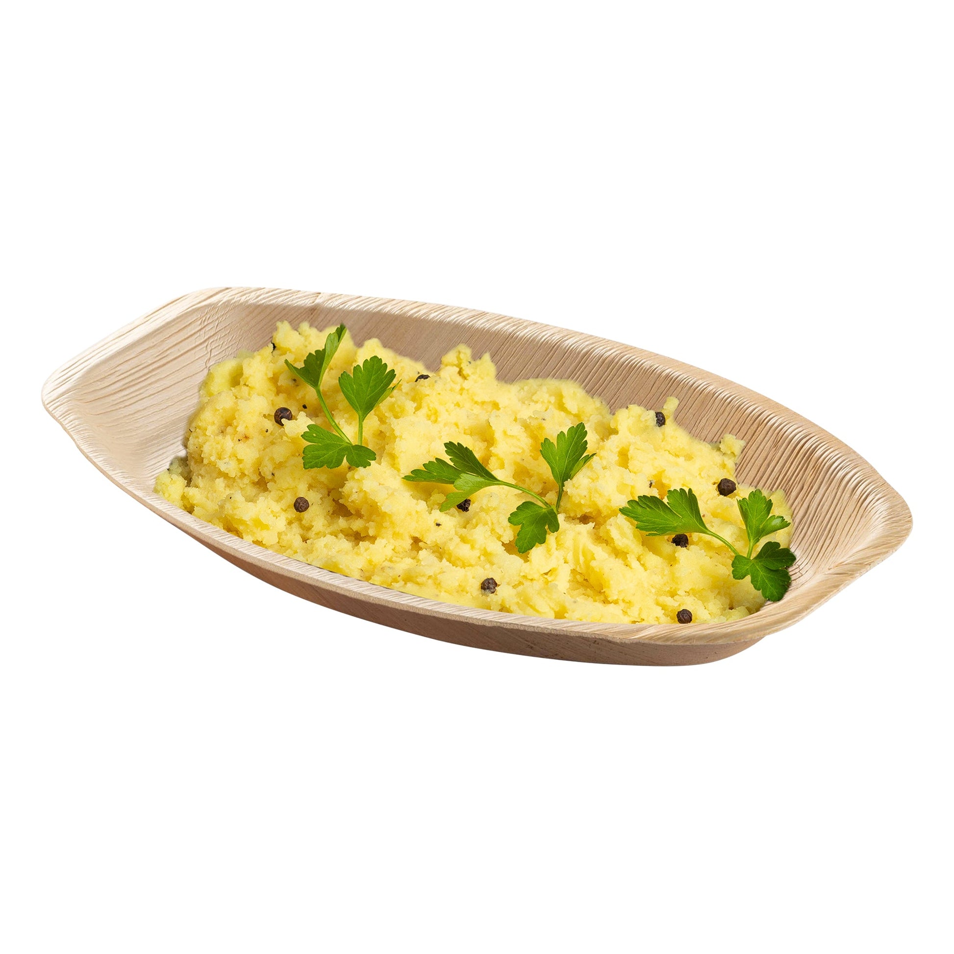 Palm leaf oval tray filled with mashed potatoes, ideal for buffets, catering, or family-style serving