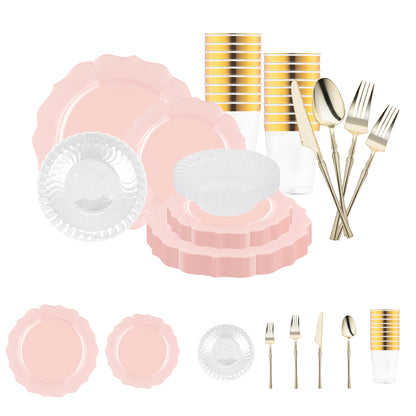 Pearl Pink Round Lotus Plastic Tableware Set offers graceful charm for weddings, showers, and elegant events