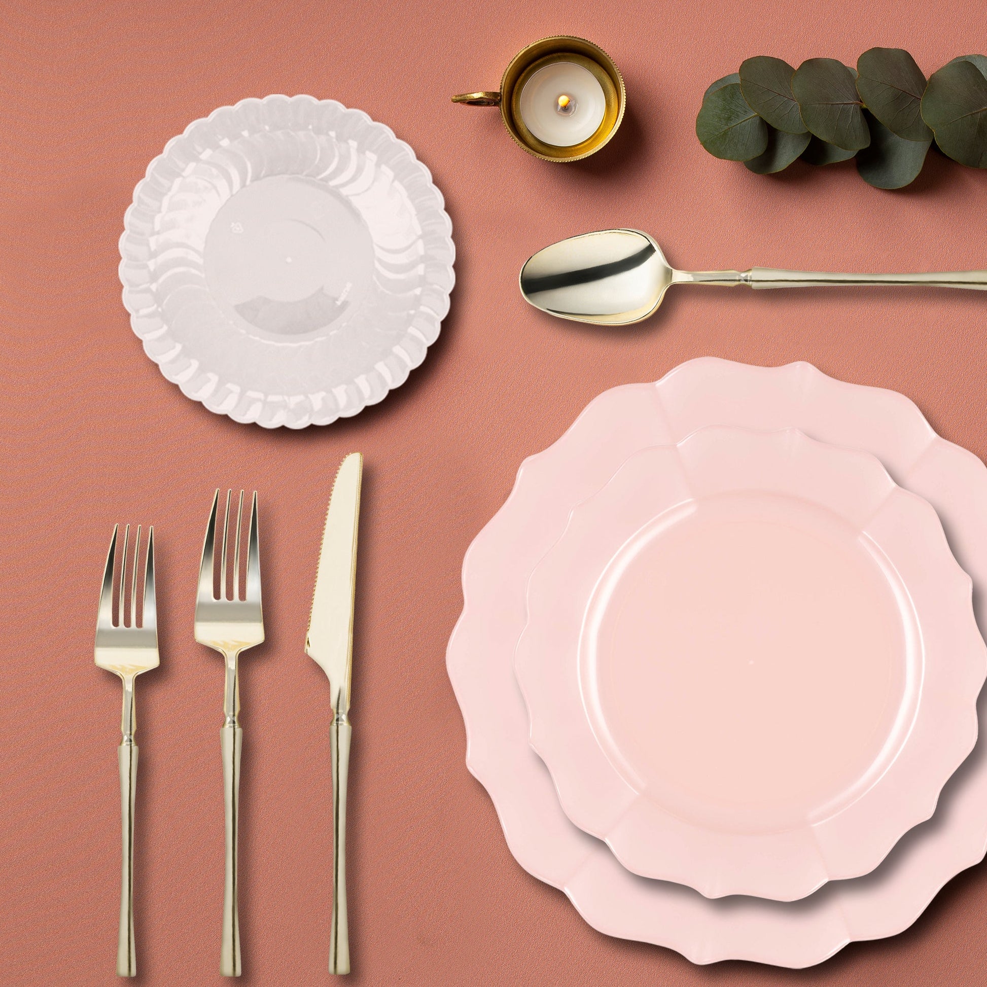 Pearl Pink Round Lotus Plastic Tableware Set styled for a Sweet 16 celebration.