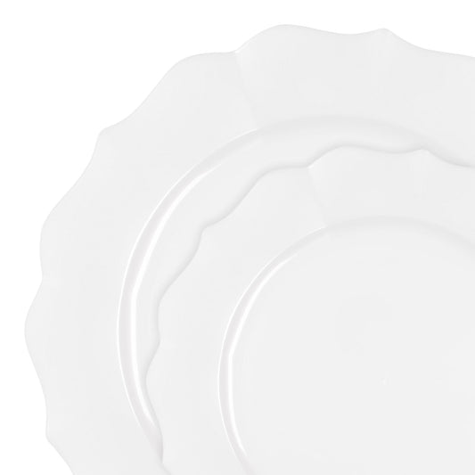Pearl White Round Lotus Plastic Dinnerware Set brings timeless charm and elegance to weddings and upscale events