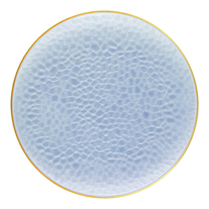 Pearl clear blue round plastic dinner plates with a luxurious gold hammered rim
