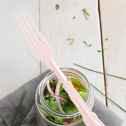 Pink Baroque Disposable Plastic Dinner Forks featuring a modern design, suitable for casual parties and formal dinners
