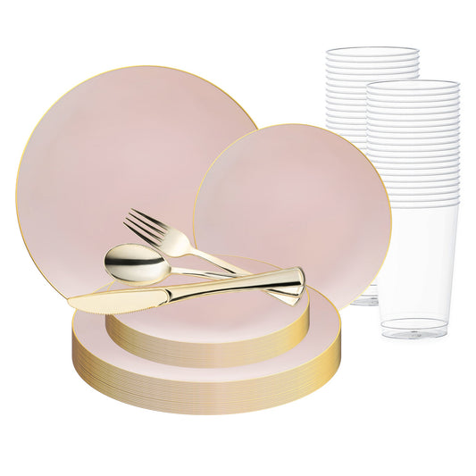 Pink with Gold Organic Round Disposable Plastic Wedding Value Set, showcasing a charming pink design accented with an opulent gold rim, perfect for infusing elegance and allure into your special event