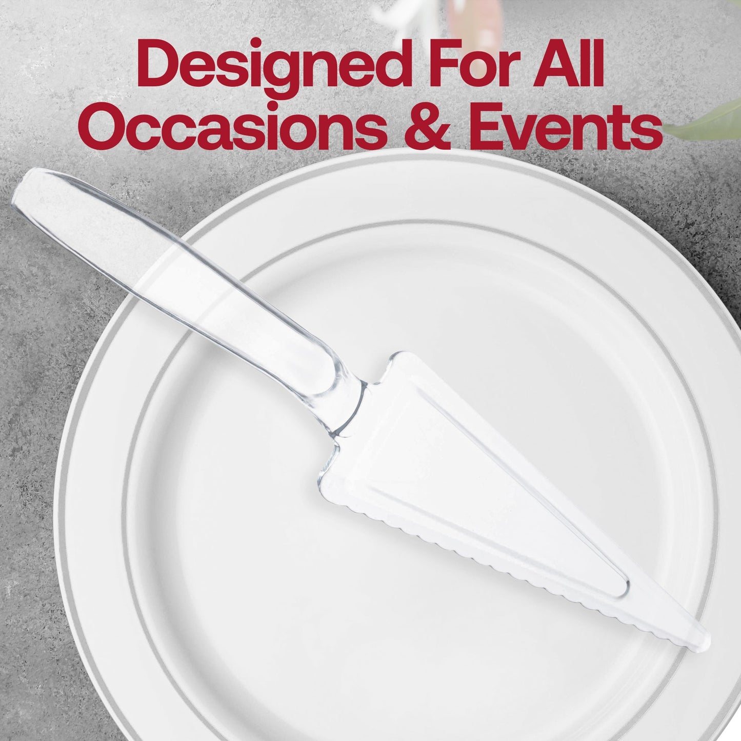 Plastic cake cutters shown in clear (SKU 435-CL), gold, and silver variants, ideal for matching event themes