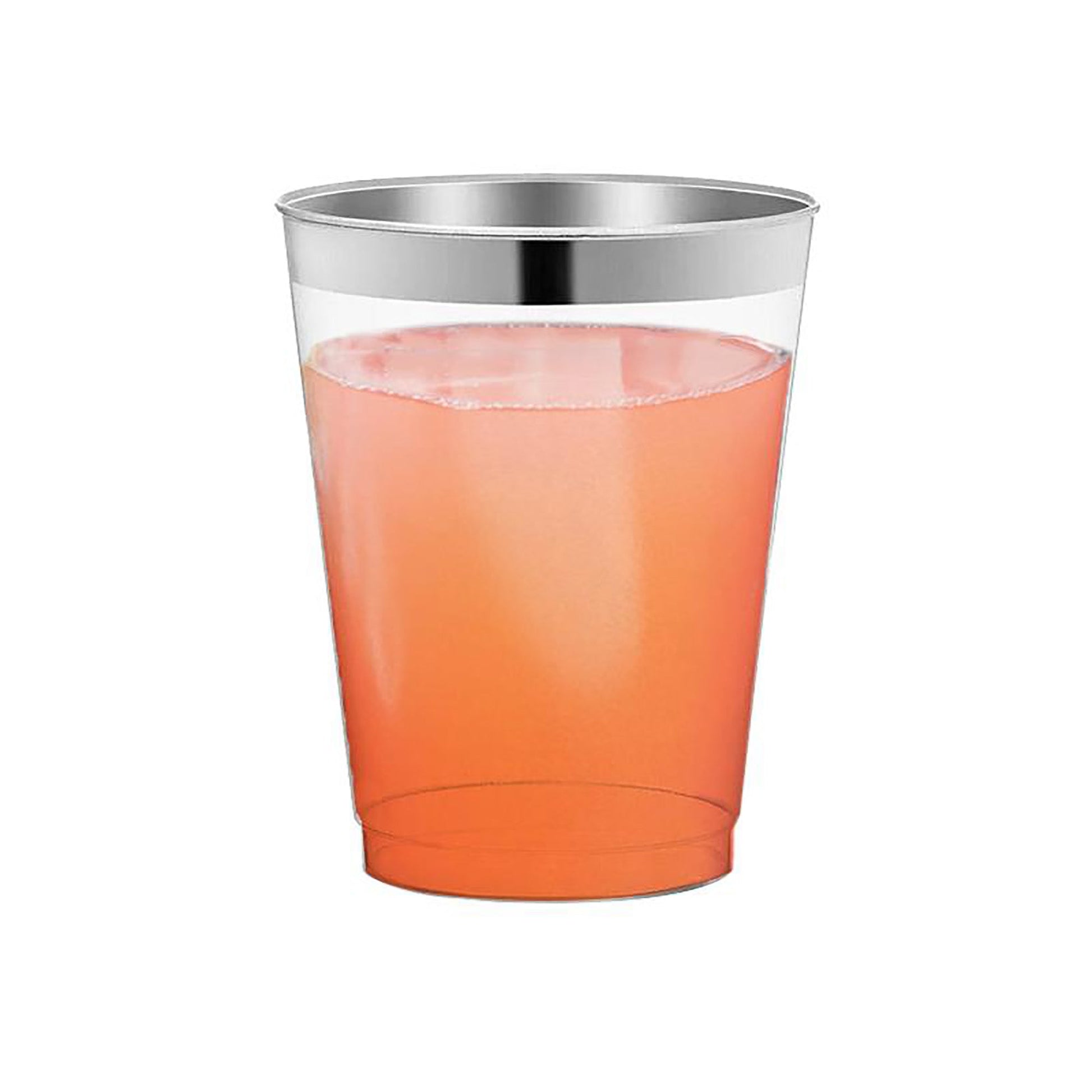 Premium clear plastic tumblers with a decorative metallic silver rim, 10 oz capacity, round and disposable