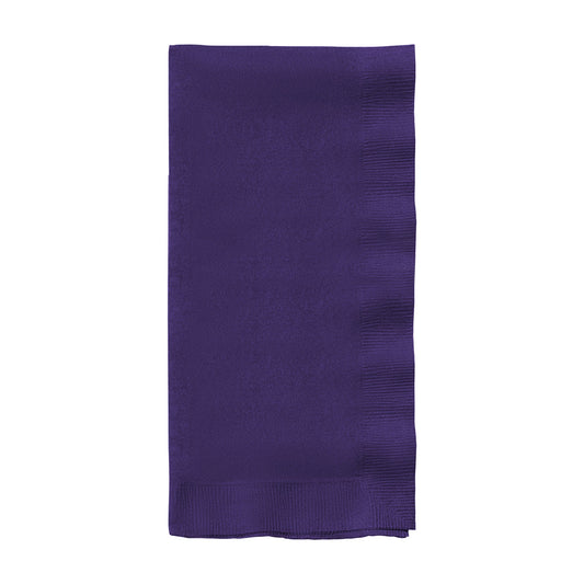 Purple paper dinner napkin measuring 16 x 16 inches, neatly folded, from a bulk case of 600 napkins.