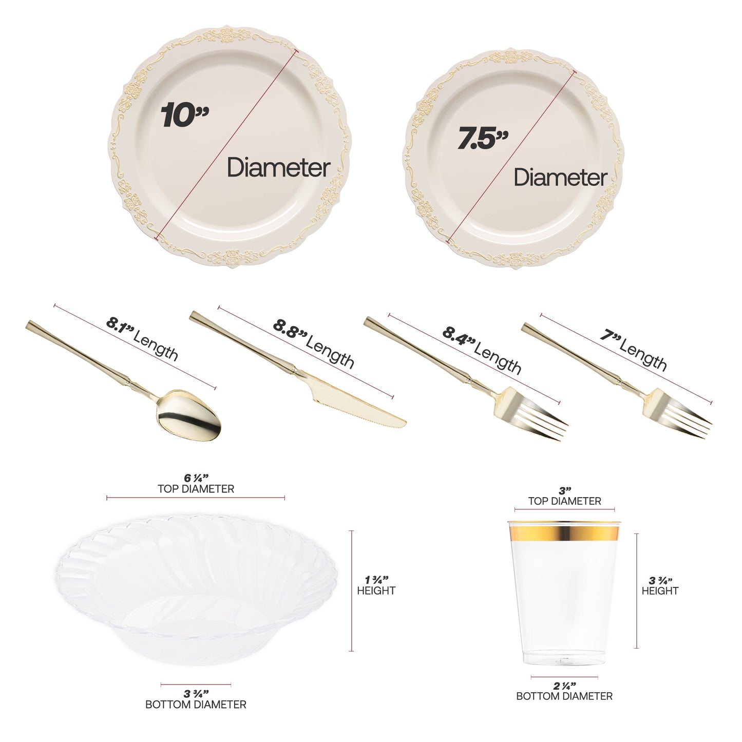 Recyclable and BPA-free, the Ivory with Gold Vintage Tableware Set blends sustainable ease with luxurious vintage aesthetics
