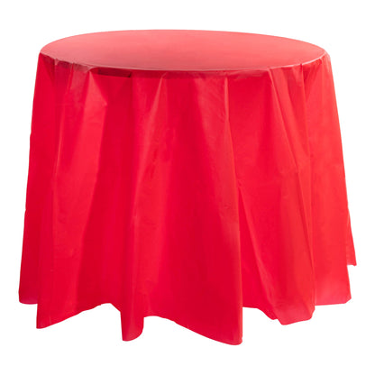 Red round plastic tablecloths, 84-inch diameter, disposable and perfect for parties, picnics, or events, sold in a case of 96.