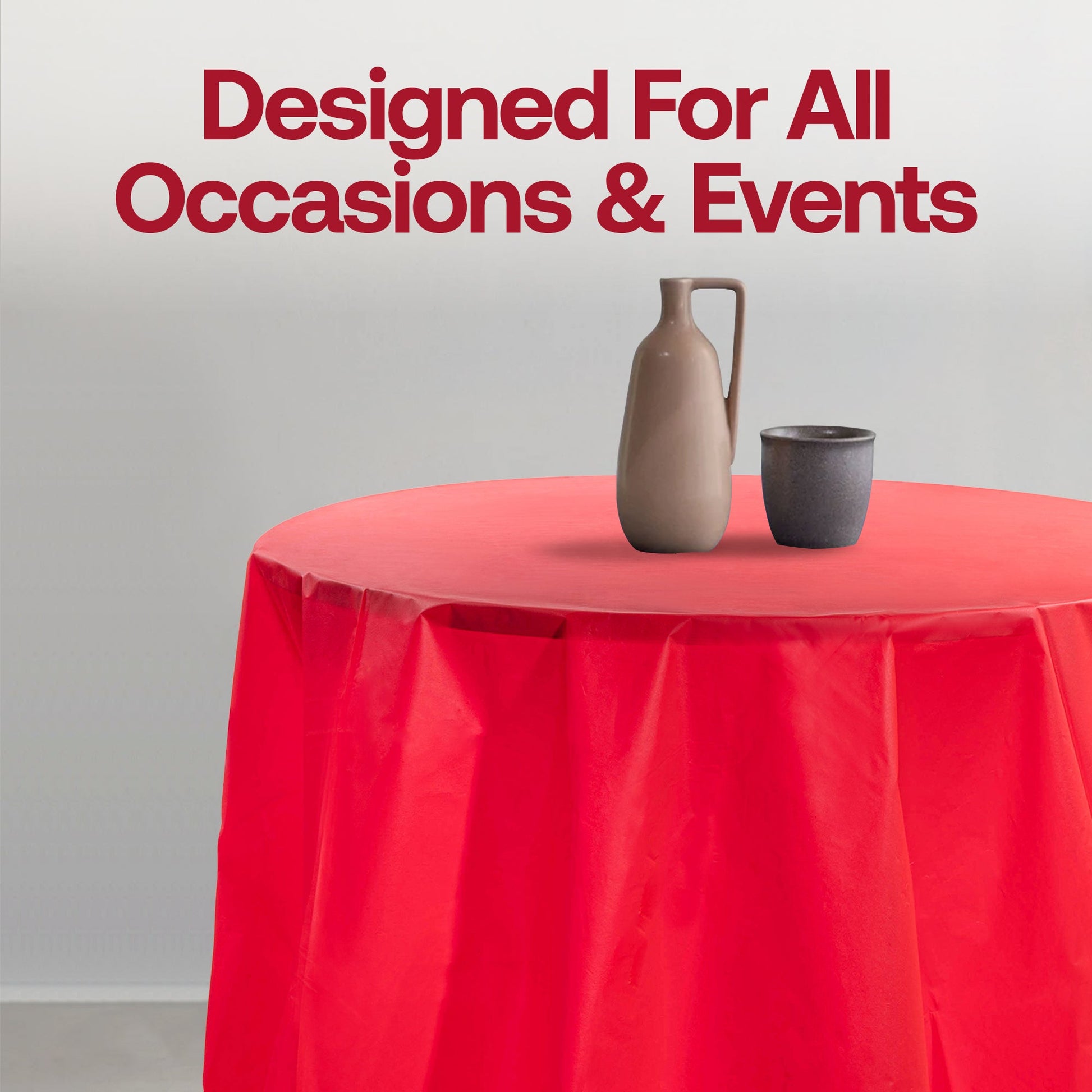 Red round plastic tablecloths, 84-inch disposable style, great for holiday parties or themed events, 96-count case.
