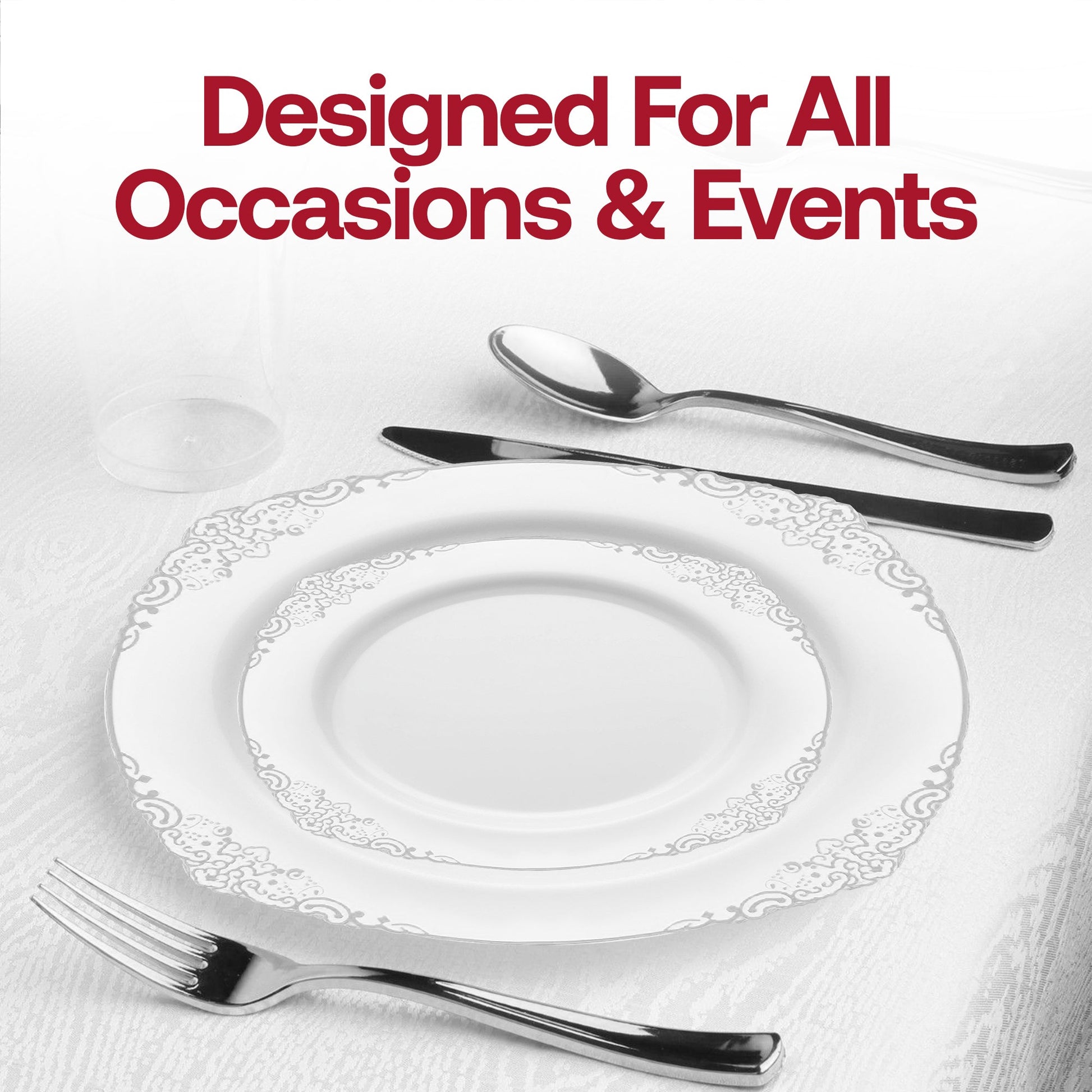 Refined entertaining setup with White with Silver Fancy Round Dinnerware, perfect for upscale occasions