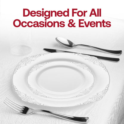 Refined entertaining setup with White with Silver Fancy Round Dinnerware, perfect for upscale occasions