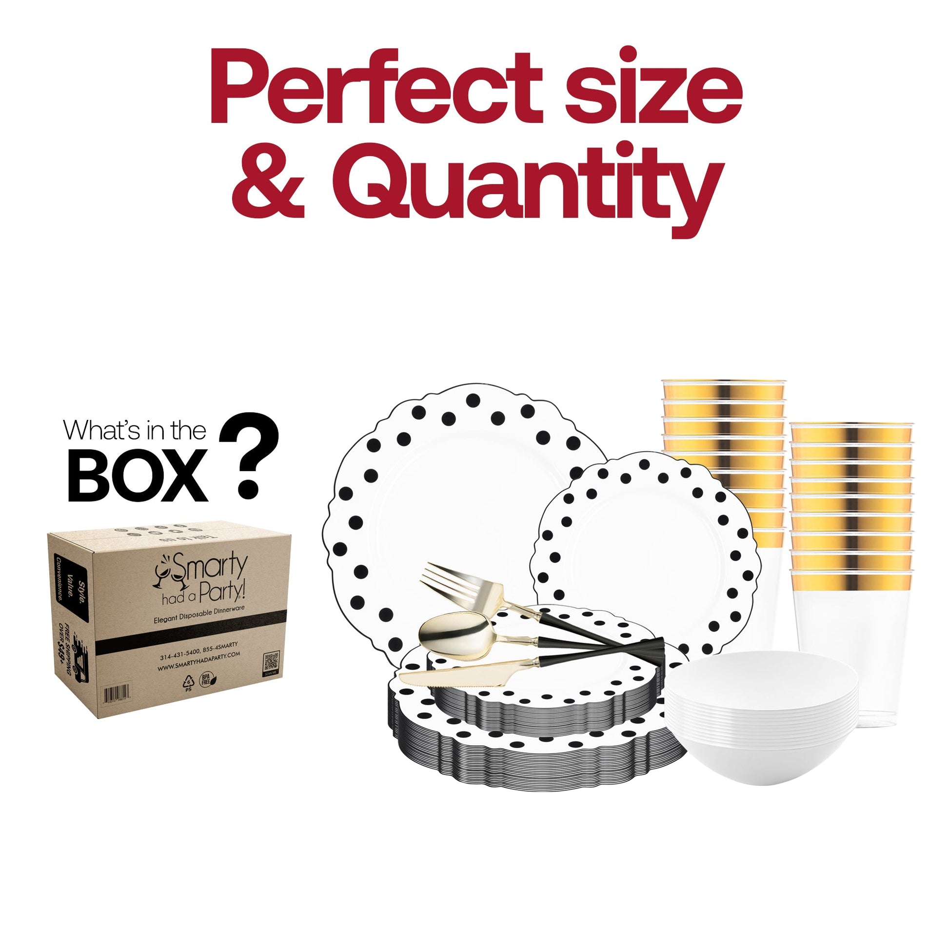 Refined event scene highlighted by the White with Black Blossom Dots Tableware Set’s modern plates, gold flatware, and matching bowls
