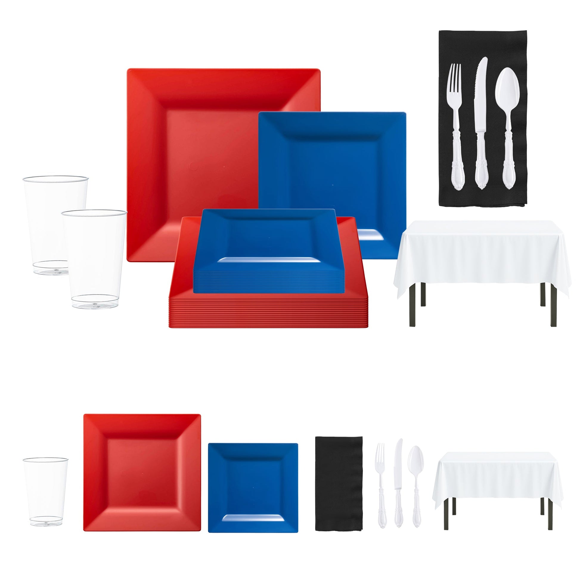 Represent your team colors proudly with this red, white, and blue disposable dinnerware set.