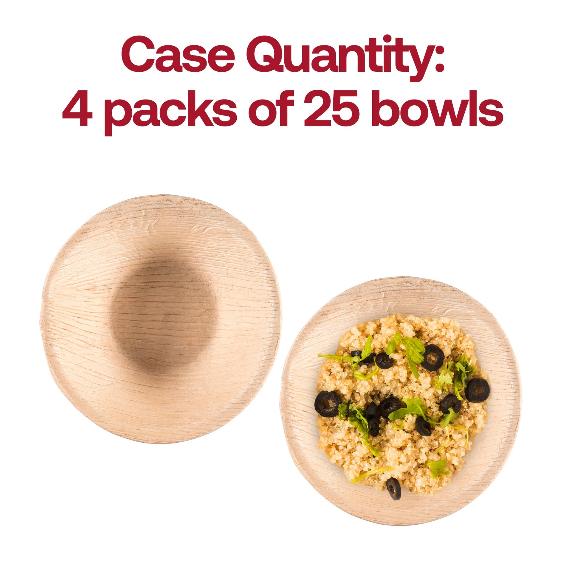 Round 5-inch diameter palm leaf soup bowl with 8-ounce capacity, designed for single servings