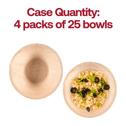 Round 5-inch diameter palm leaf soup bowl with 8-ounce capacity, designed for single servings