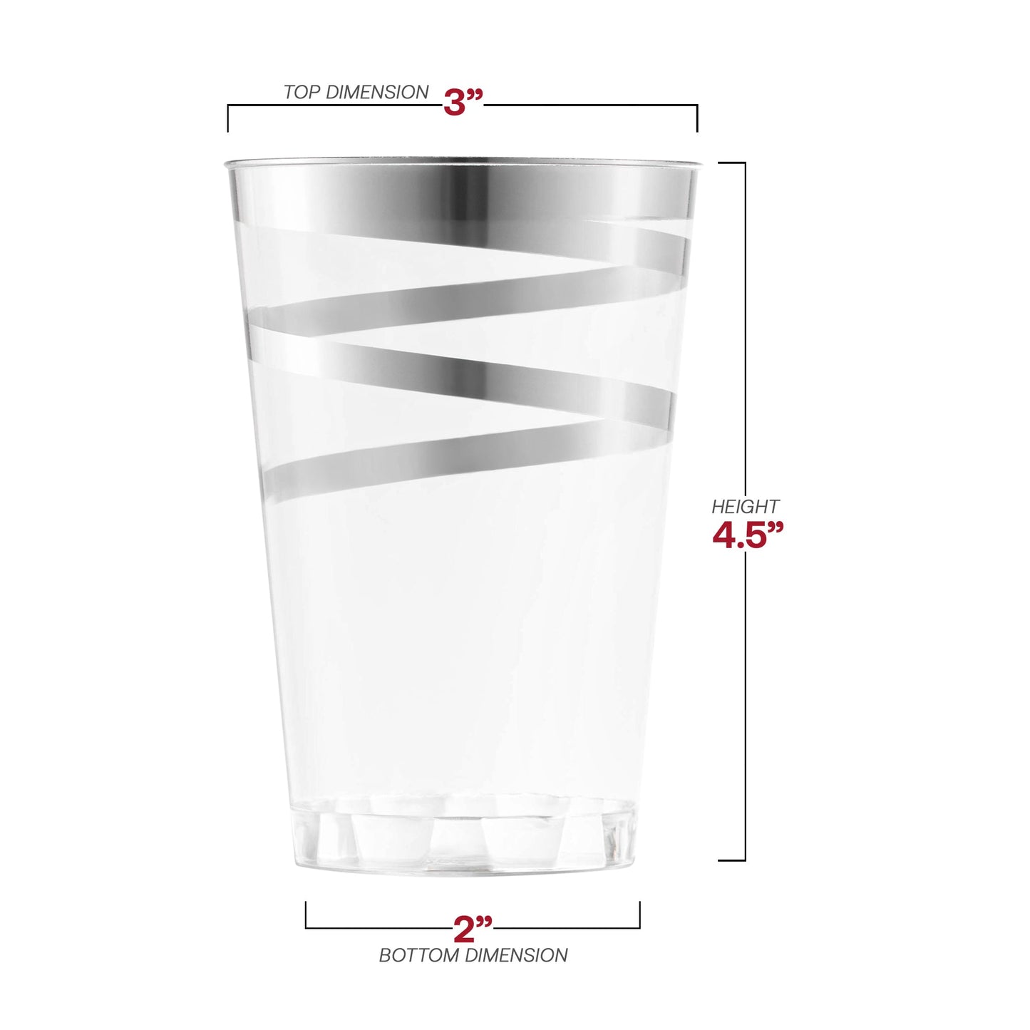Round clear plastic tumblers with stylish silver swirls, 12 oz capacity, perfect for weddings and celebrations