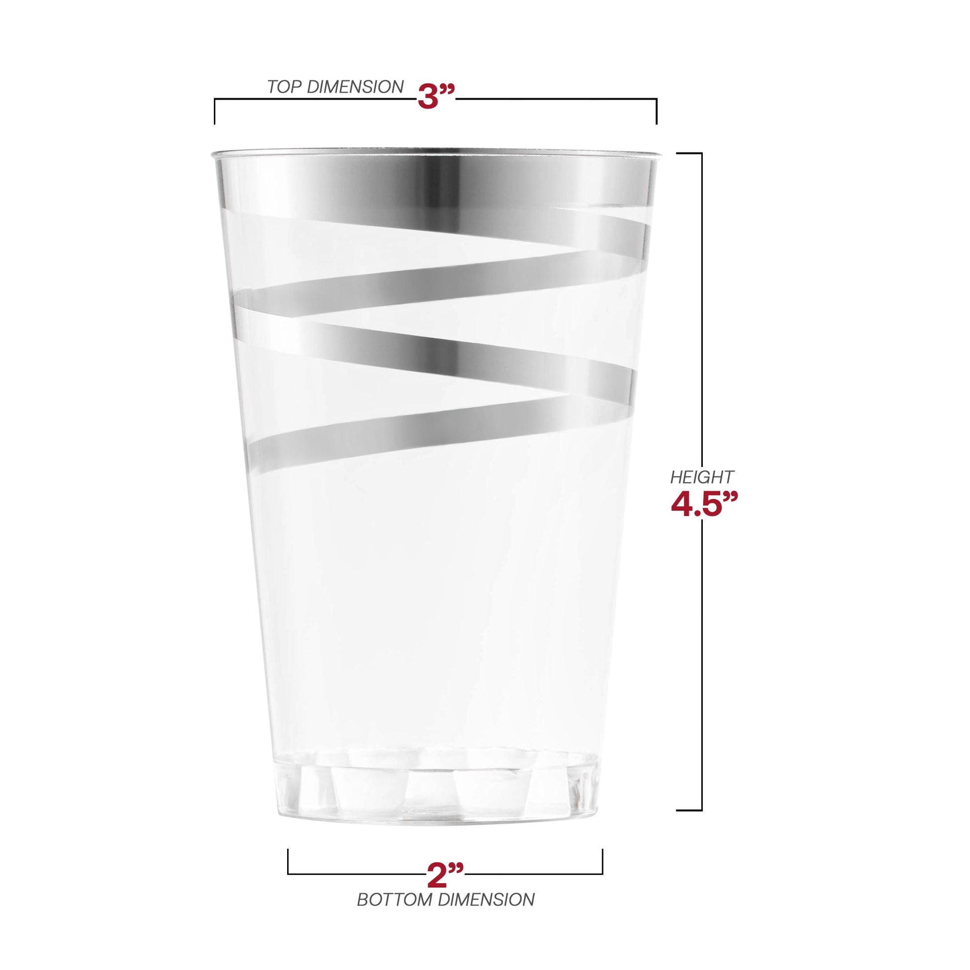 Round clear plastic tumblers with stylish silver swirls, 12 oz capacity, perfect for weddings and celebrations