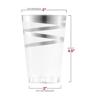 Round clear plastic tumblers with stylish silver swirls, 12 oz capacity, perfect for weddings and celebrations