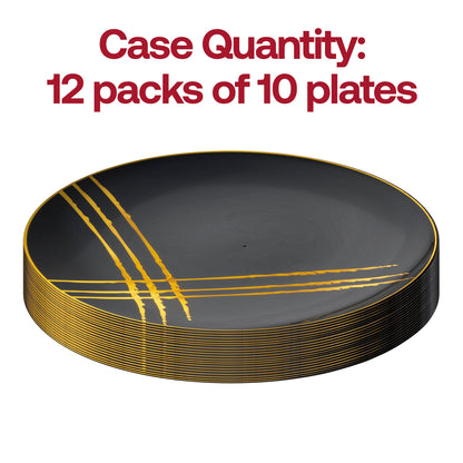 Round disposable dinner plates with a black base and bold gold brushstroke design, 10.25-inch diameter, 120 count