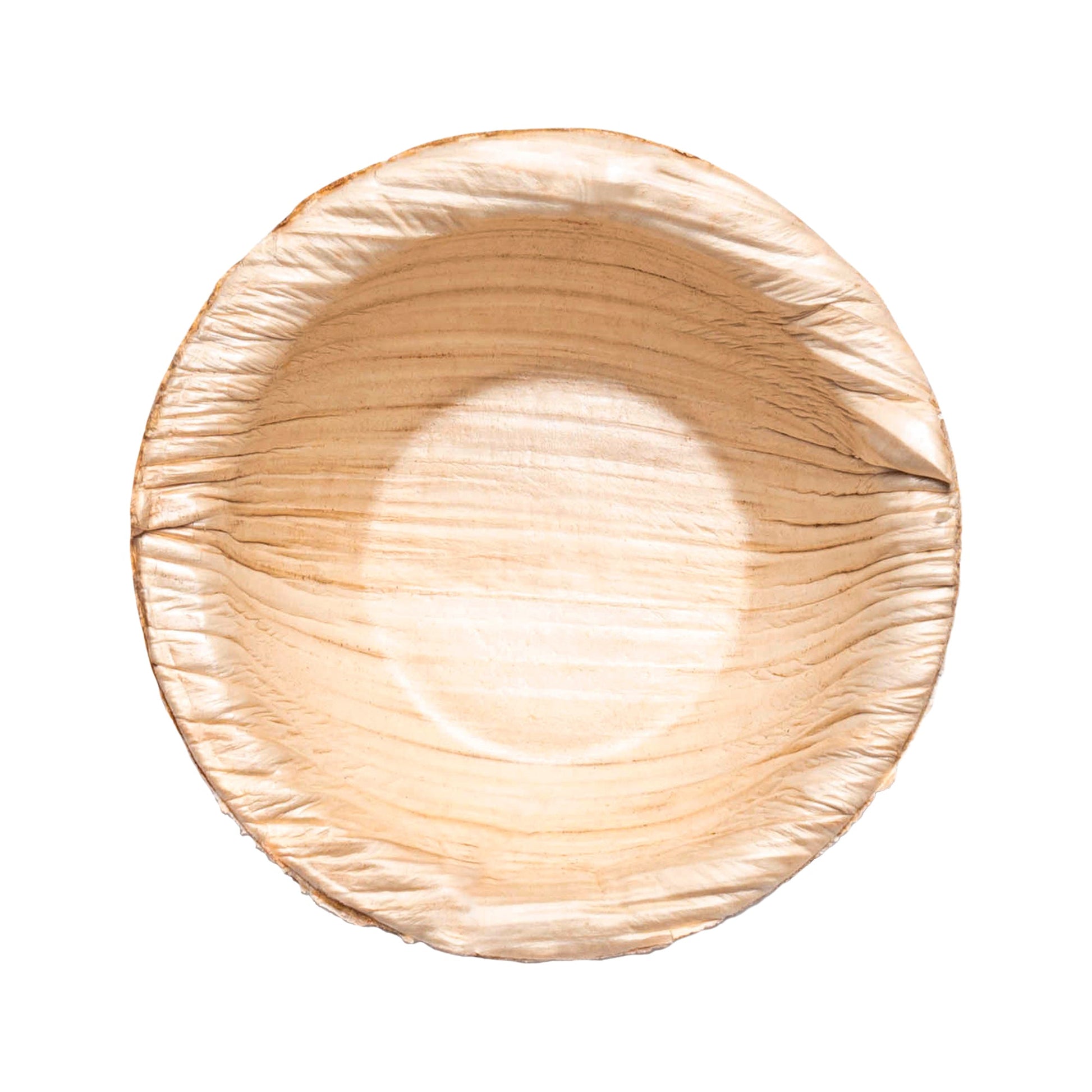 Round palm leaf mini disposable dip bowls, 2.5" in diameter, 0.5 oz capacity, eco-friendly and biodegradable, 100 bowls per case.