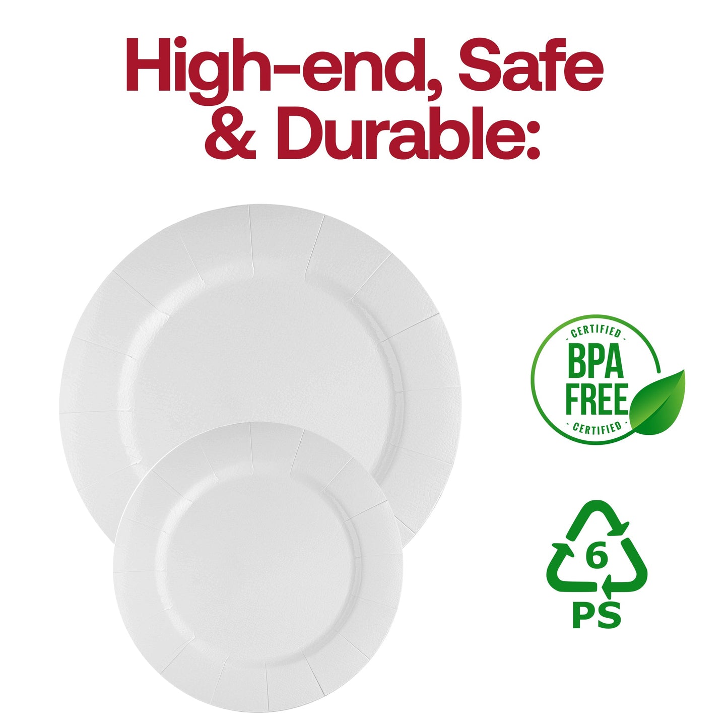 Round white disposable charger plates, 13-inch size, lightweight paper material, BPA-free